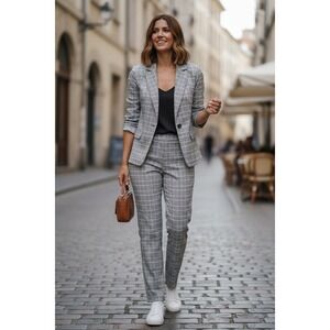 Takara Womens Grey Plaid Blazer and Pants Suit Set Size S Office Wear